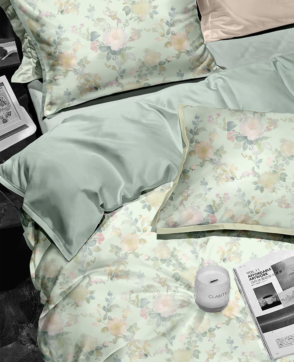 Floral bedding set with a Clarity product on a bed