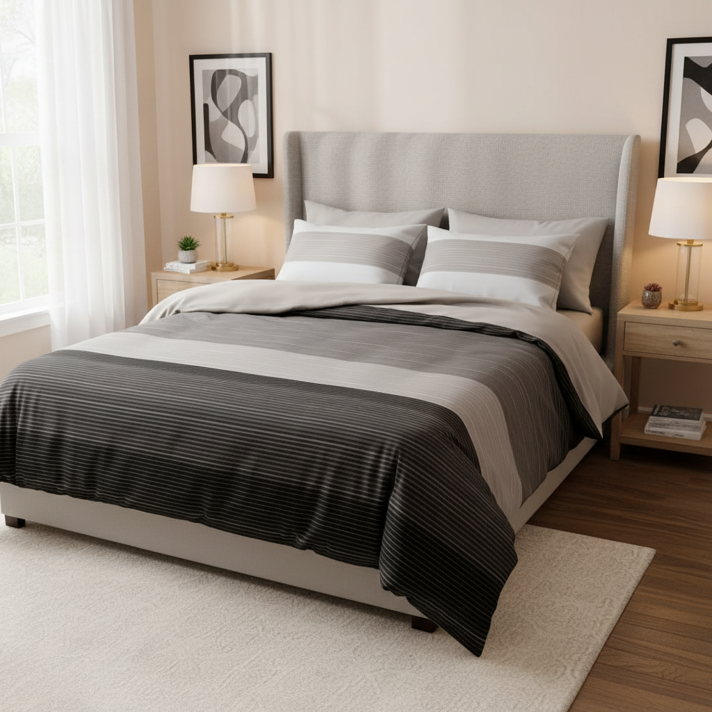 Bed with gray and white striped bedding on a plain background