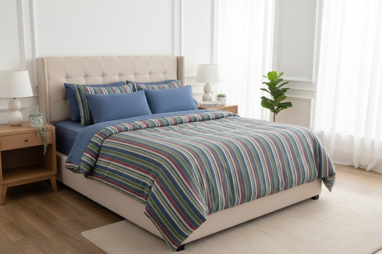 Bedroom with a bed featuring striped blue Quilt.
