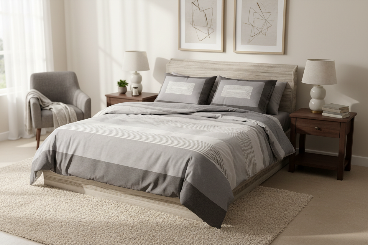 Gray bedding set with striped pattern on a bed with wooden headboard.