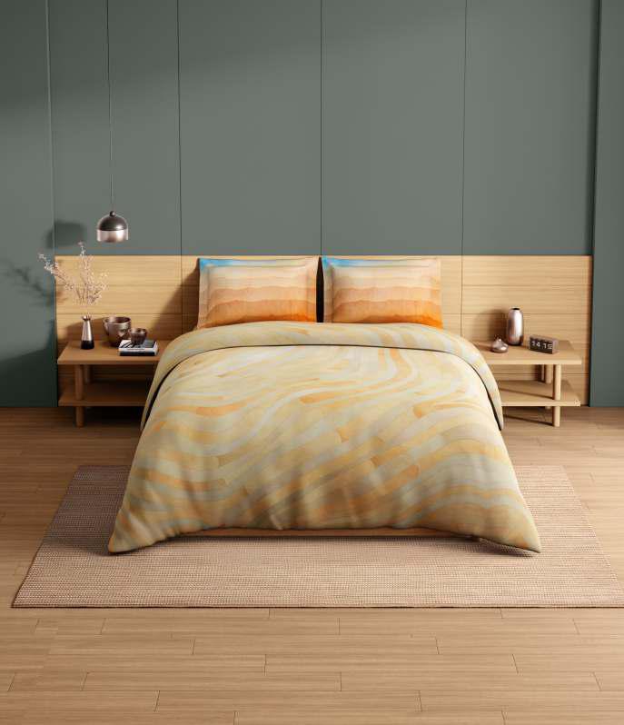 Spaces Avaris Echo 100% Cotton 210 TC Sateen Abstract Large Bedsheet with 2 Pillow Covers, Impala