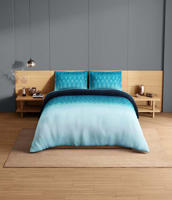 Spaces Avaris Echo 100% Cotton 210 TC Sateen Abstract Large Bedsheet with 2 Pillow Covers, Blue