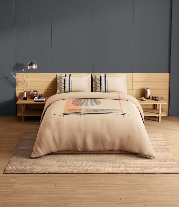 Spaces Avaris Structure 100% Cotton 210 TC Sateen Geometric Large Bedsheet with 2 Pillow Covers, Ecru