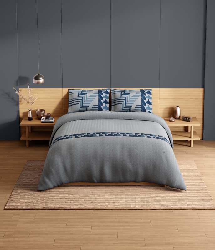 Spaces Avaris Structure 100% Cotton 210 TC Sateen Geometric Large Bedsheet with 2 Pillow Covers, Mirage Grey