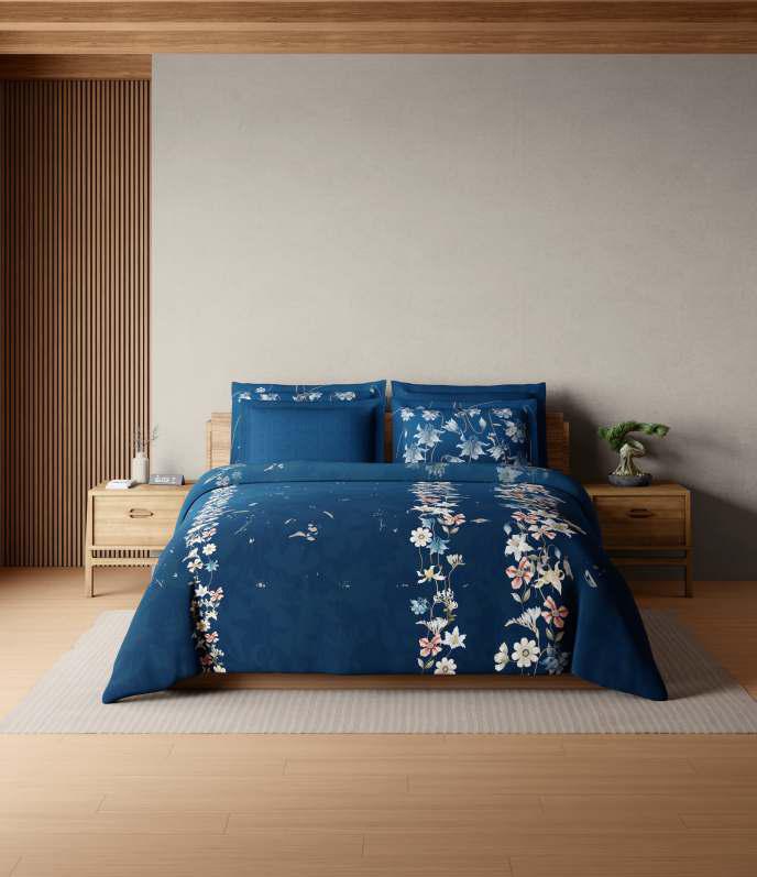 Spaces Sierra Midnight Botanica 100% Cotton 210 TC Sateen Geometric Large Bedsheet with 2 Pillow Covers, Federal Blue