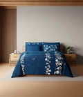 Spaces Sierra Midnight Botanica 100% Cotton 210 TC Sateen Geometric Large Bedsheet with 2 Pillow Covers, Federal Blue