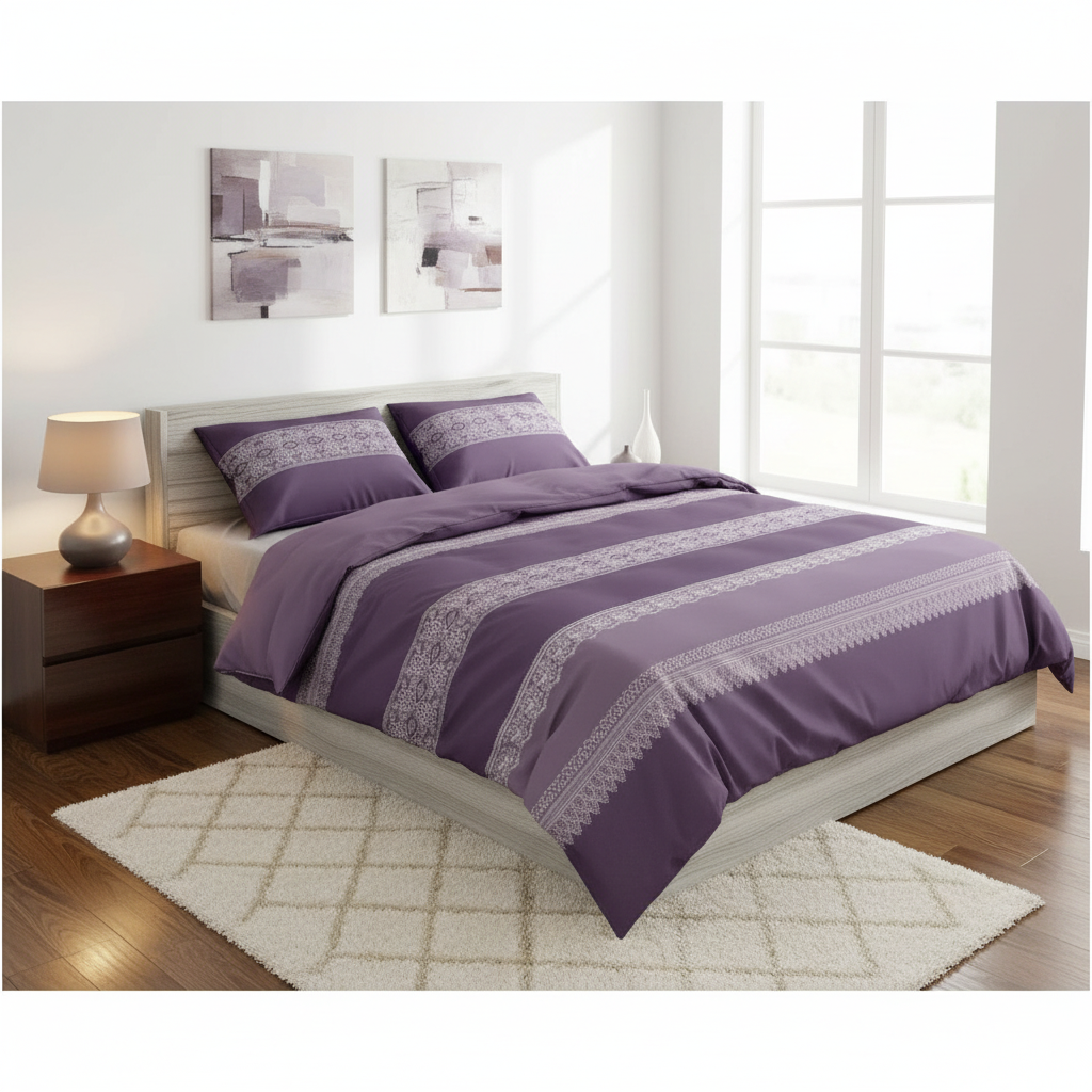 Purple bedding set with patterned stripes on a bed with a gray headboard.