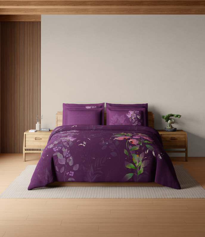 Spaces Sierra Midnight Botanica 100% Cotton 210 TC Sateen Botanic Large Bedsheet with 2 Pillow Covers, Plum Caspia