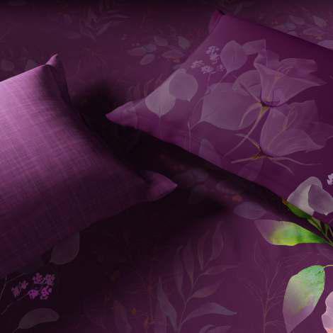 Spaces Sierra Midnight Botanica 100% Cotton 210 TC Sateen Botanic Large Bedsheet with 2 Pillow Covers, Plum Caspia