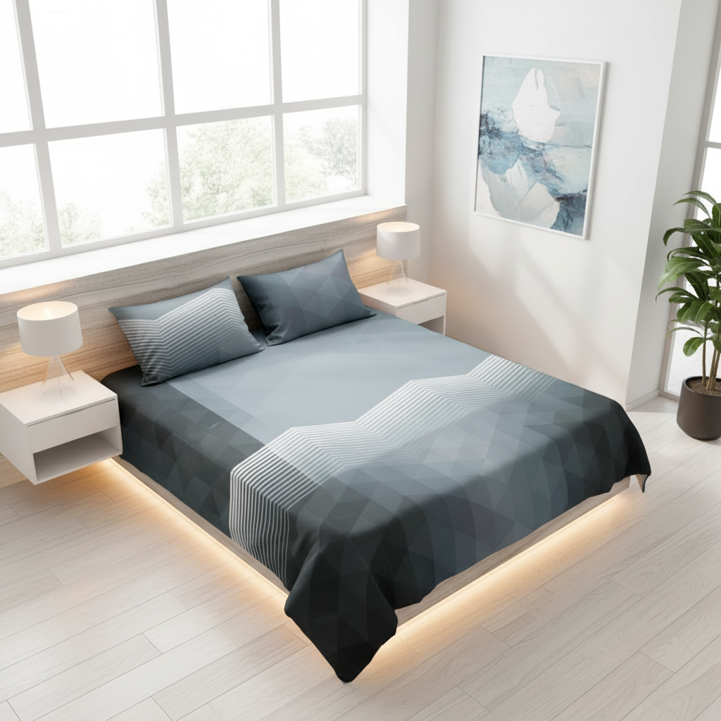 Bed with geometric patterned bedding and pillows on a white background