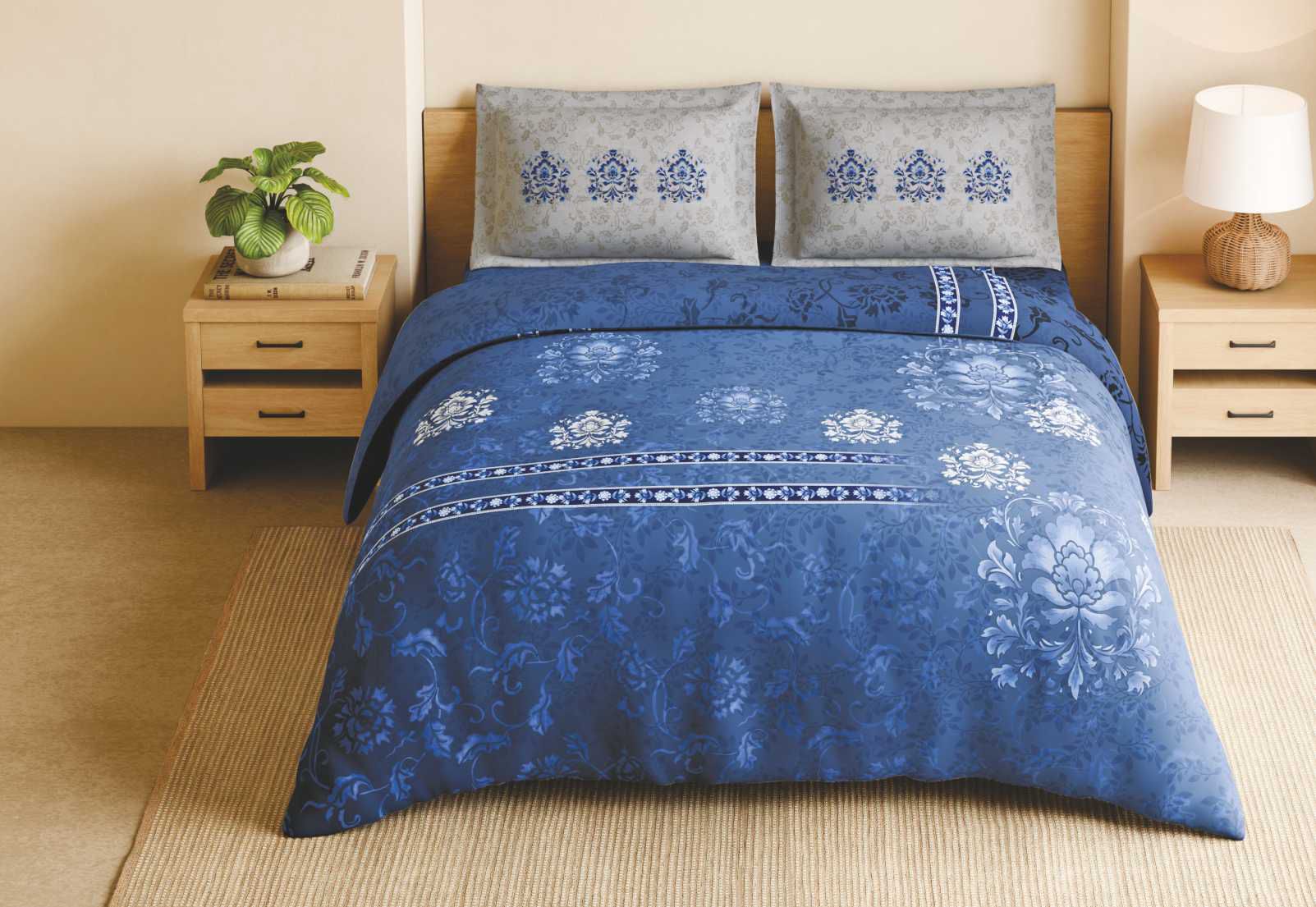 Spaces Shubha 100% Cotton 300 TC Sateen Botanic Large Bedsheet with 2 Pillow Covers, BLUE POTTERY- LICHEN BLUE