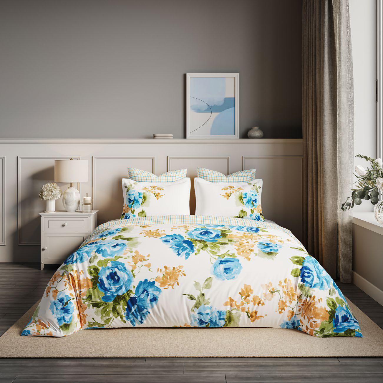 Ddecor Live Beautiful King Size Bedsheet with 4Pc Pillow Covers FLORAL GRACE | BLUE TOPAZ - grahsajja
