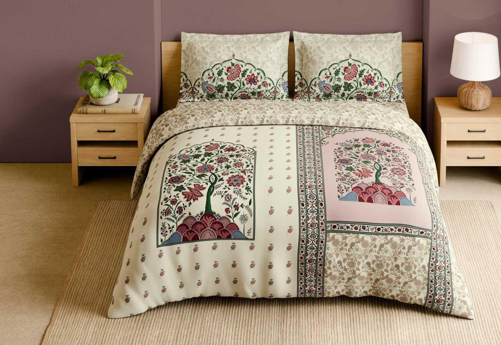 Spaces Shubha 100% Cotton 300 TC Sateen Botanic Large Bedsheet with 2 Pillow Covers, KALAMKARI- SYLVIAN GREEN|
