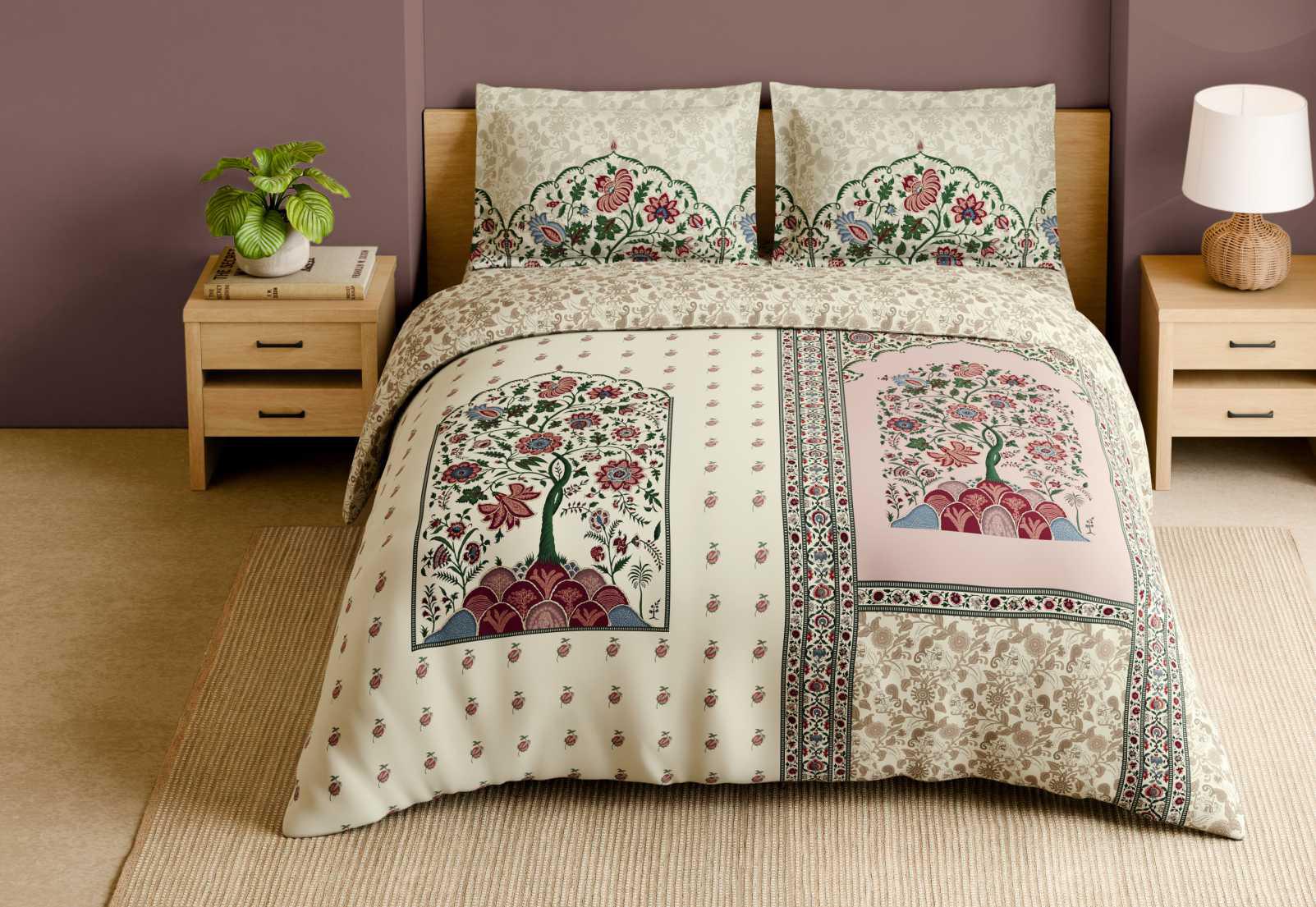 Spaces Shubha 100% Cotton 300 TC Sateen Botanic Large Bedsheet with 2 Pillow Covers, KALAMKARI- SYLVIAN GREEN|