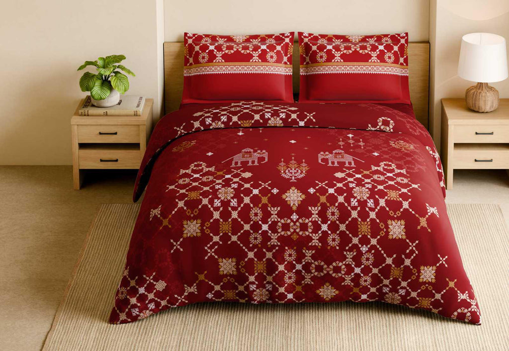 Spaces Shubha 100% Cotton 300 TC Sateen Botanic Large Bedsheet with 2 Pillow Covers, Kasuti