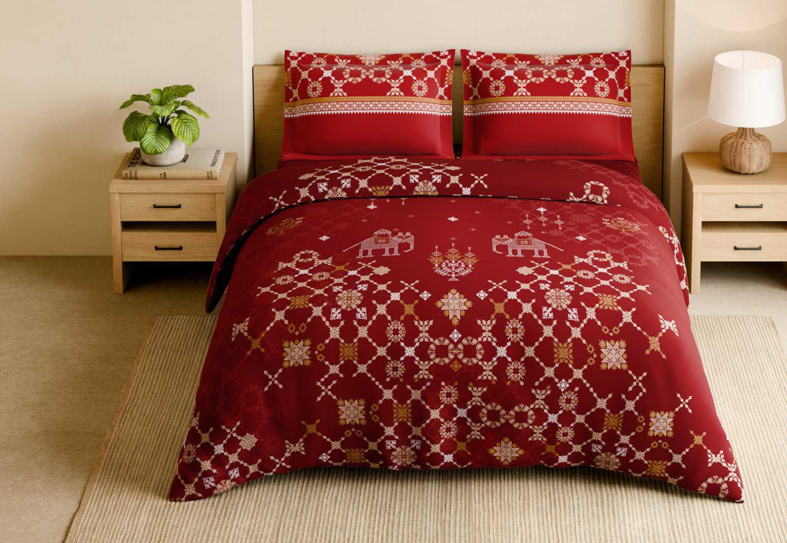 Spaces Shubha 100% Cotton 300 TC Sateen Botanic Large Bedsheet with 2 Pillow Covers, Kasuti