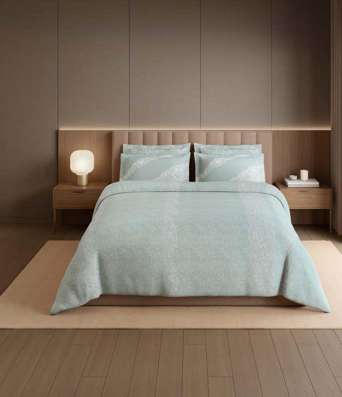 Spaces The Luxe Edit 100% Cotton 300 TC Sateen Botanic Large Bedsheet with 4 Pillow Covers, Meraki Forever Lace Blue Blush