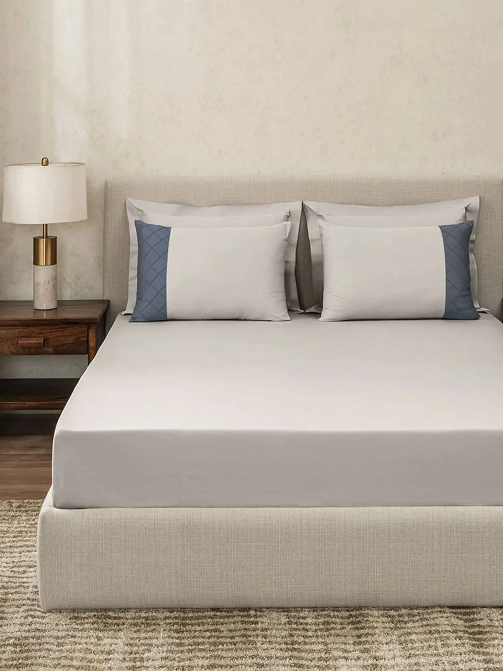 TRELLIS-PUMICE STONE-BLUEFIN KING BED SHEET SET | 1 KING BEDSHEET, 2Pcs PILLOW COVERS Sansaar A D'decor Brand