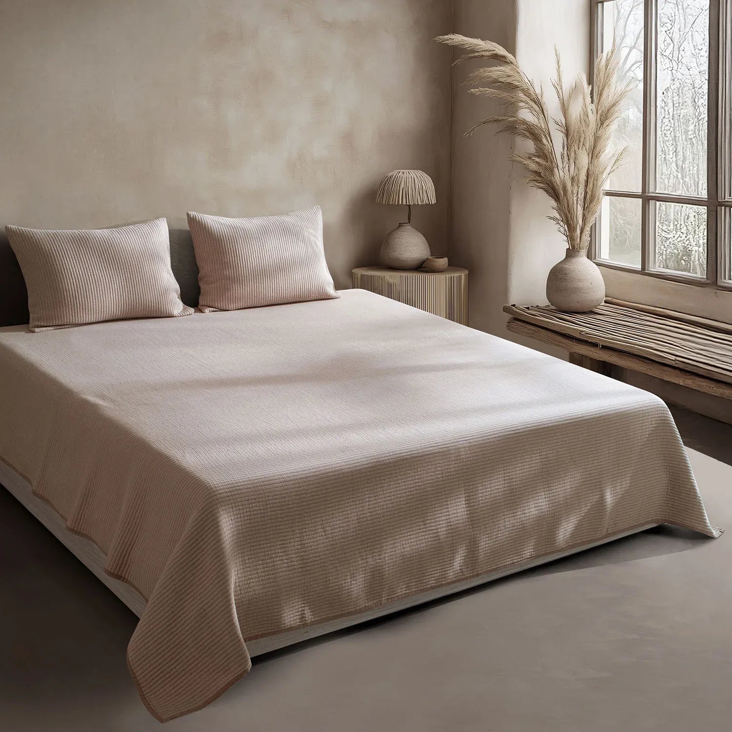 Linen Cotton Quilted Bed Spread Set – Lightweight All-Season Comfort - 3pcs Set | Color : Beige