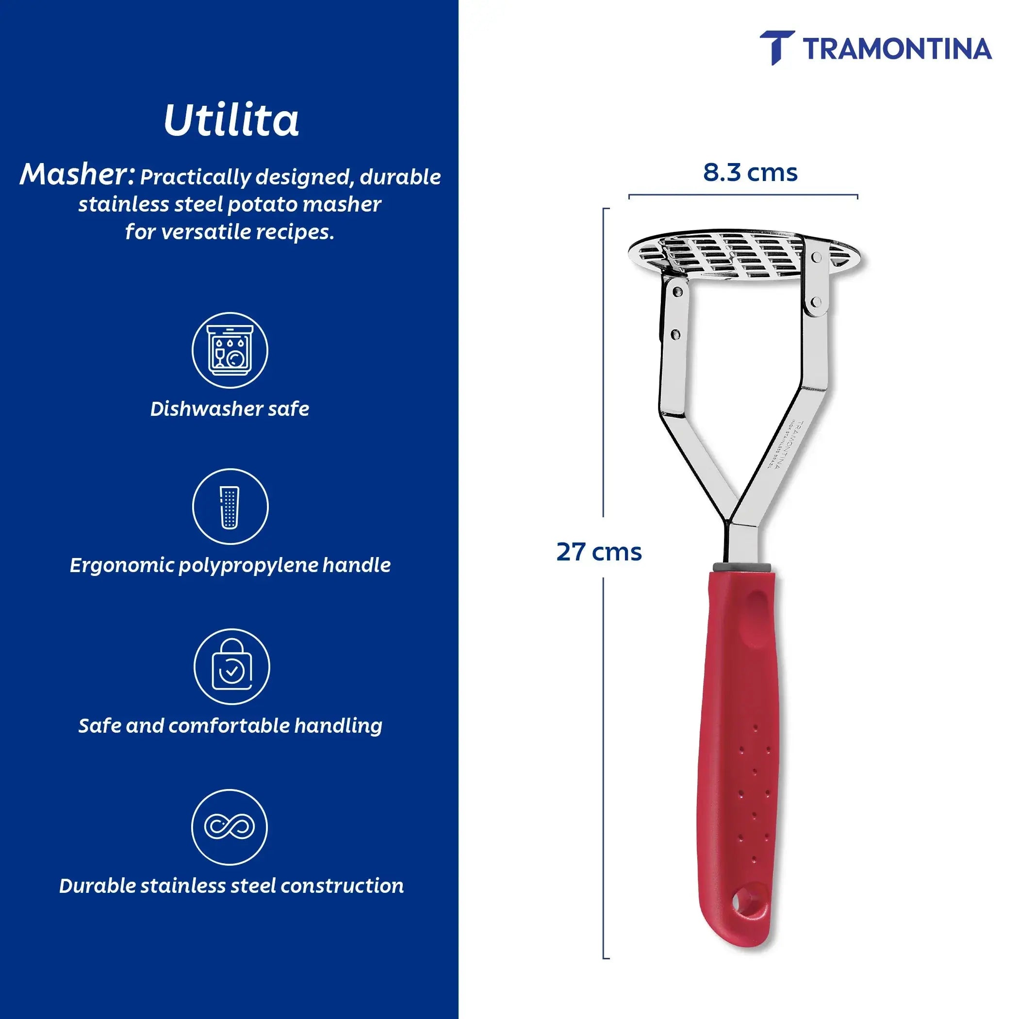 Utilitá Stainless Steel Potato Masher with Black Polypropylene Handle Tramontina