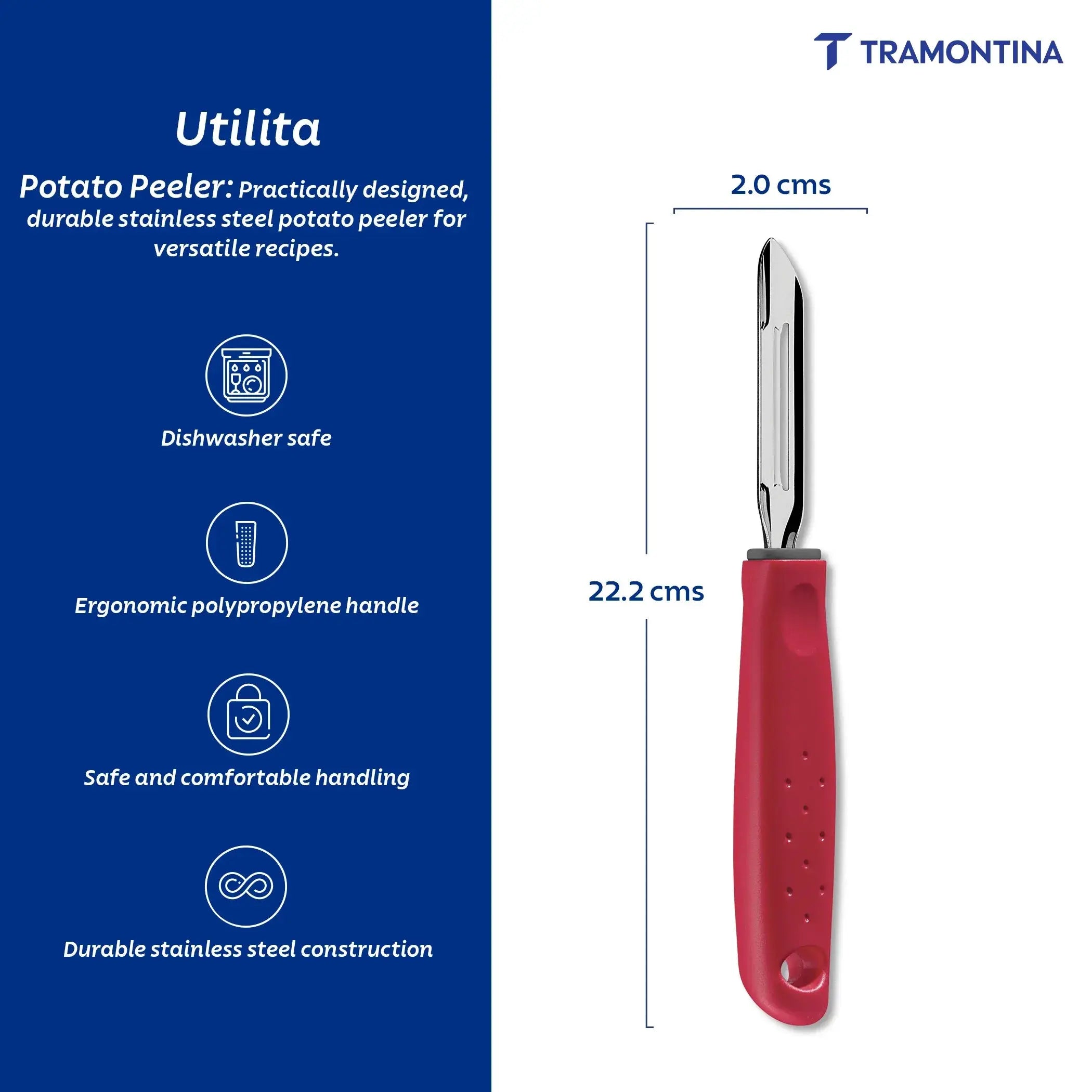 Utilitá Stainless Steel Manual Potato Peeler with Red Polypropylene Handle Tramontina