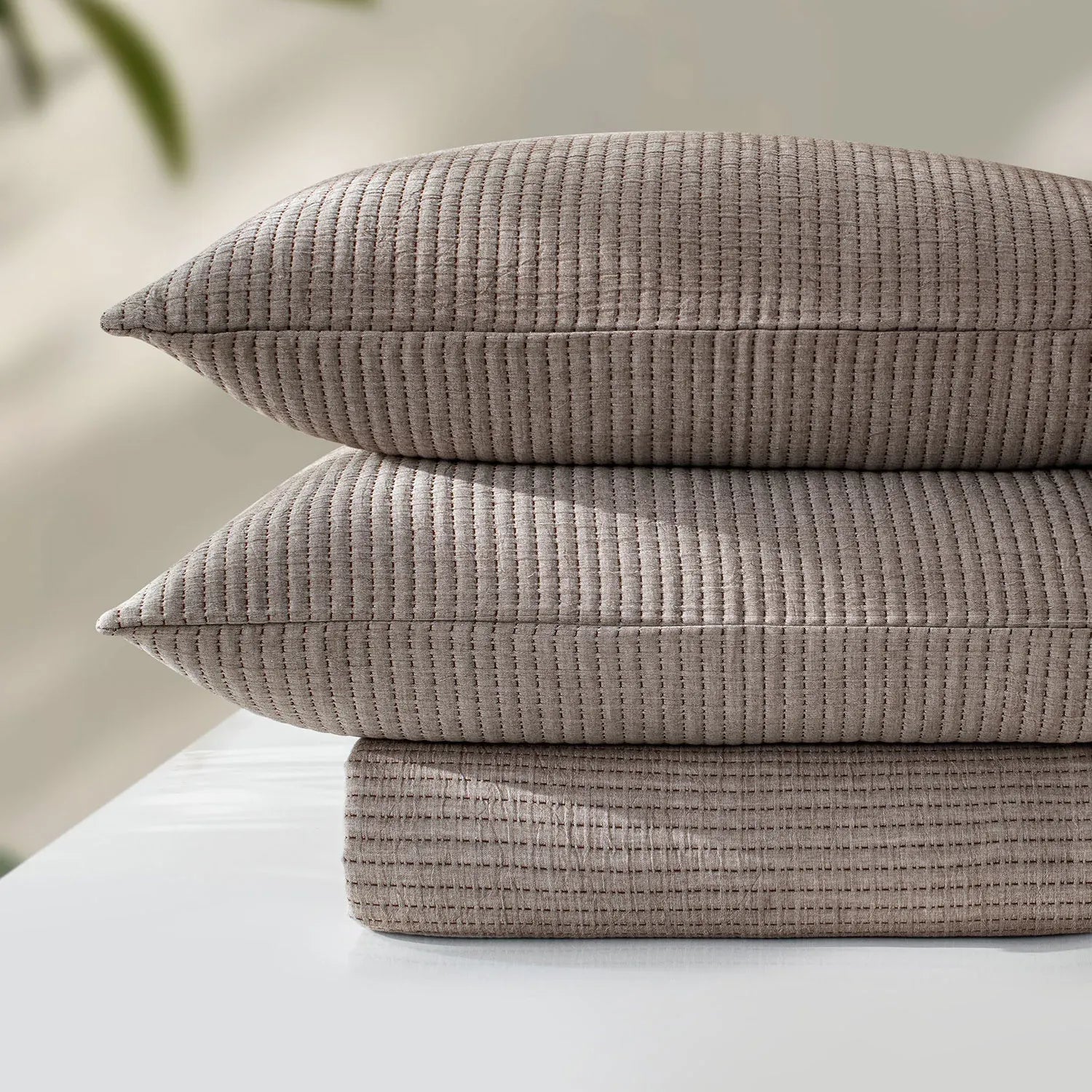 Linen Cotton Quilted Bed Spread Set – Lightweight All-Season Comfort - 3pcs Set | Color : Brown
