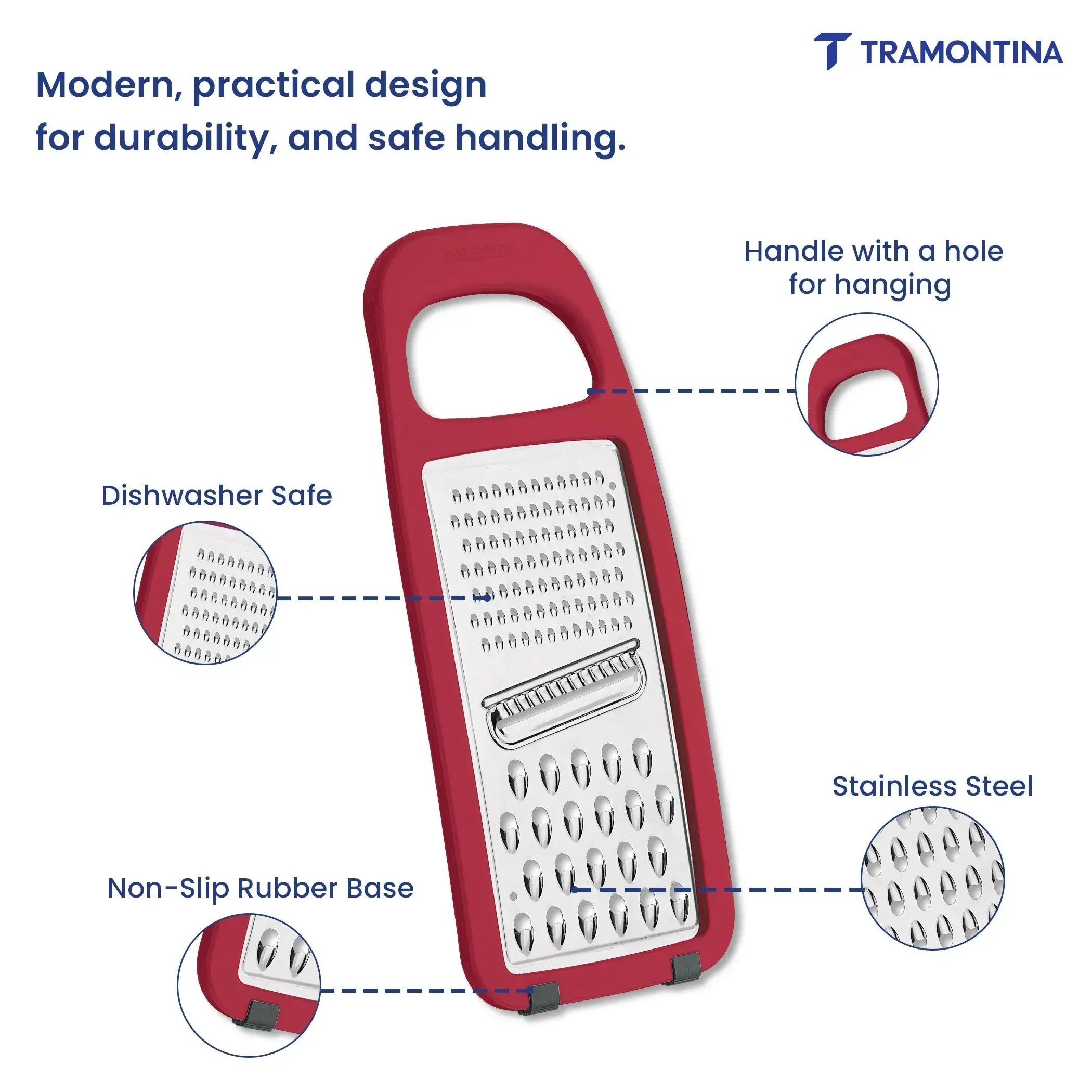 Utilitá Stainless Steel and ABS Grater with Rubberized Base, Red Tramontina