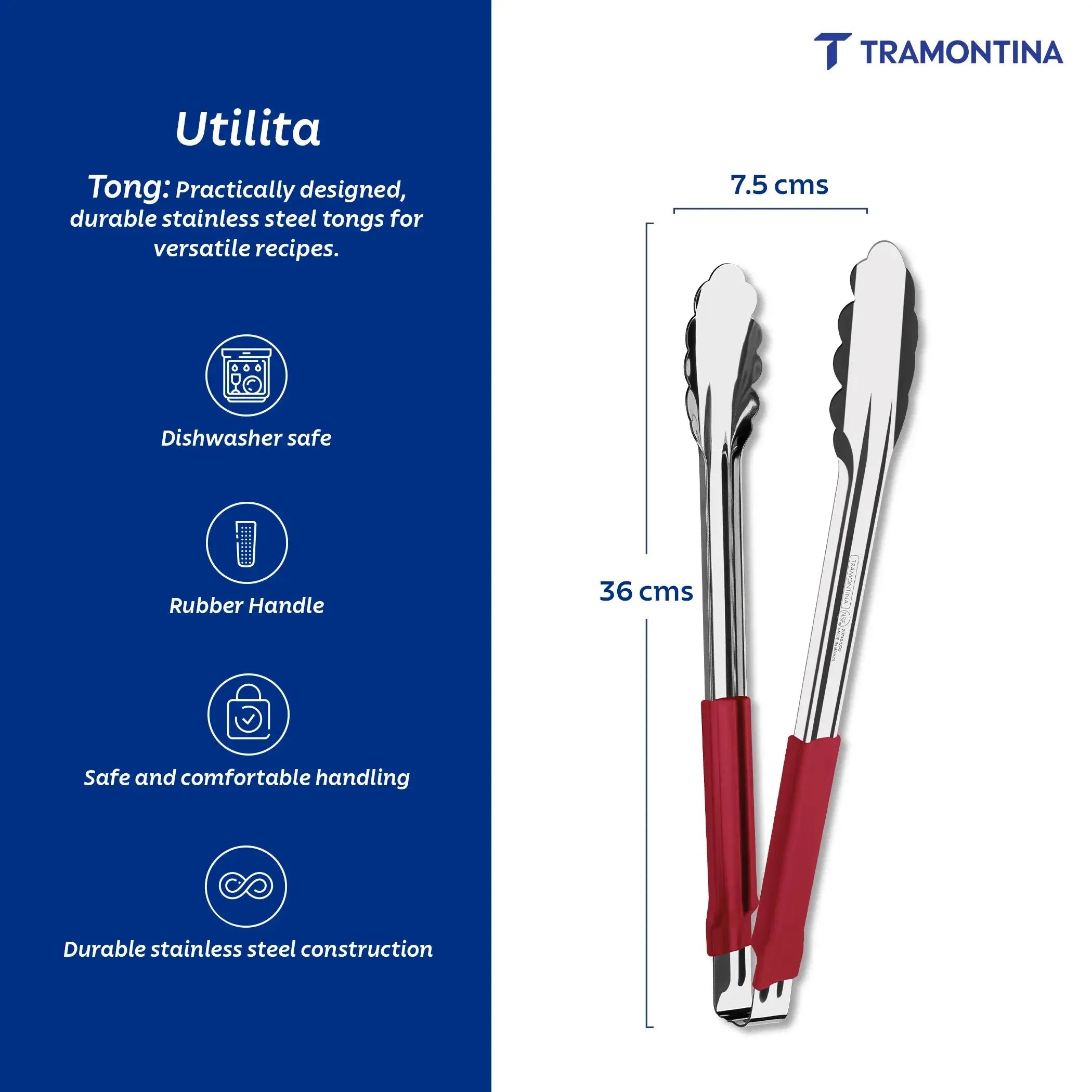 Utilitá stainless steel tongs with red rubber handle, 30 cm Tramontina