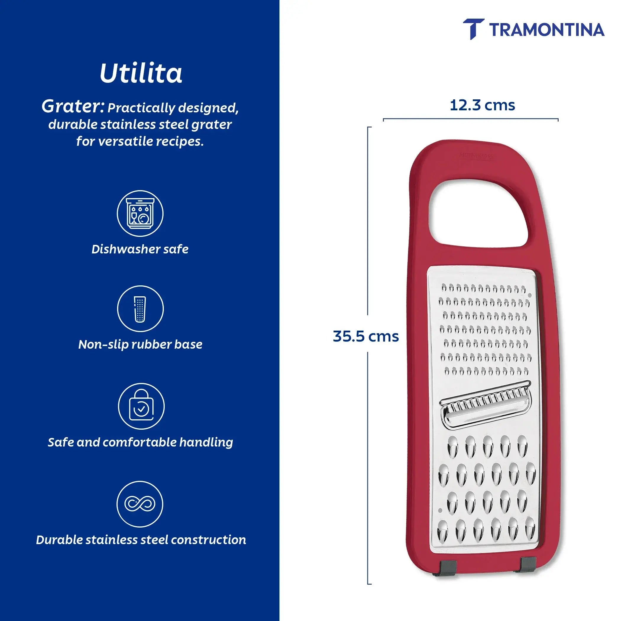 Utilitá Stainless Steel and ABS Grater with Rubberized Base, Red Tramontina