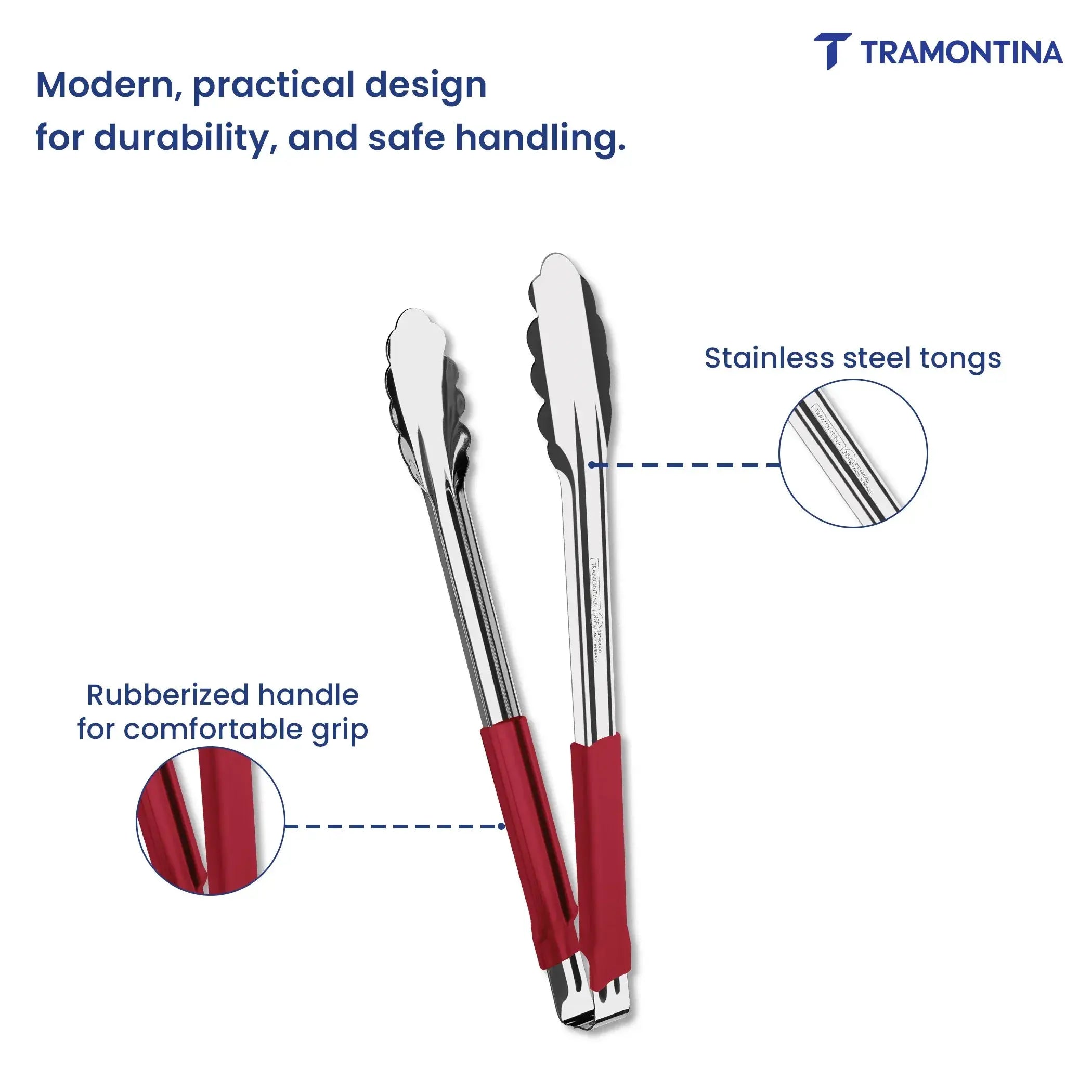 Utilitá stainless steel tongs with red rubber handle, 30 cm Tramontina