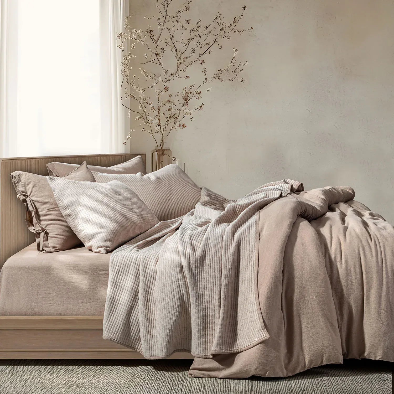 Linen Cotton Quilted Bed Spread Set – Lightweight All-Season Comfort - 3pcs Set | Color : Beige