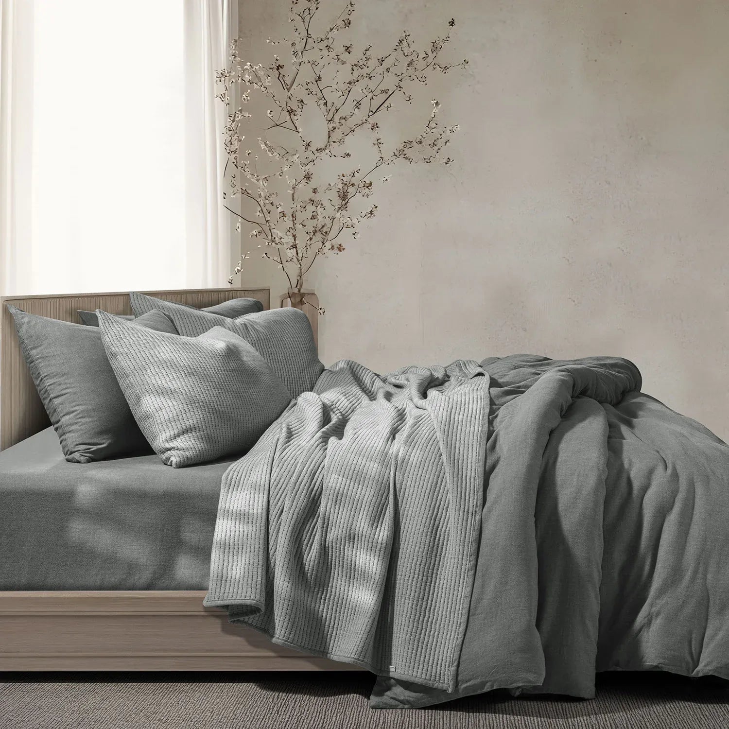 Linen Cotton Quilted Bed Spread Set – Lightweight All-Season Comfort - 3pcs Set | Color : Gray