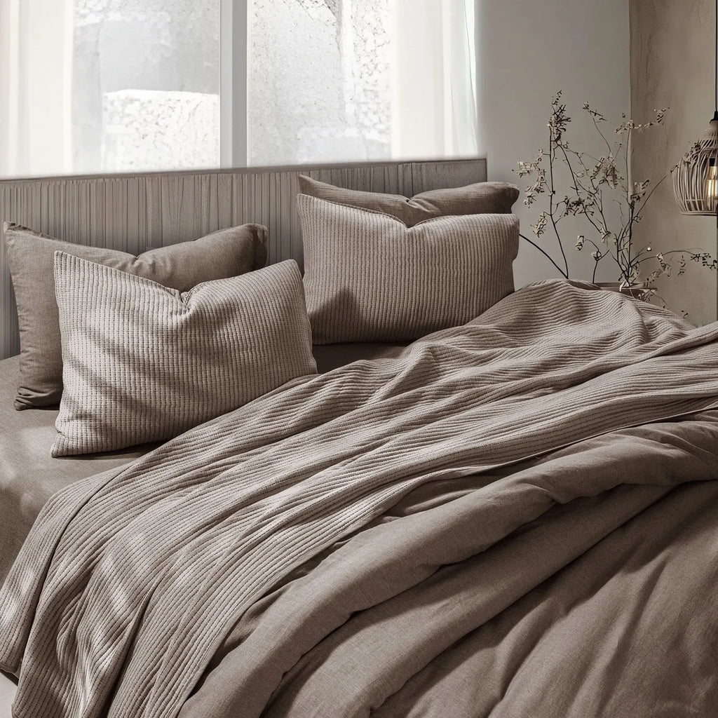 Linen Cotton Quilted Bed Spread Set – Lightweight All-Season Comfort - 3pcs Set | Color : Brown