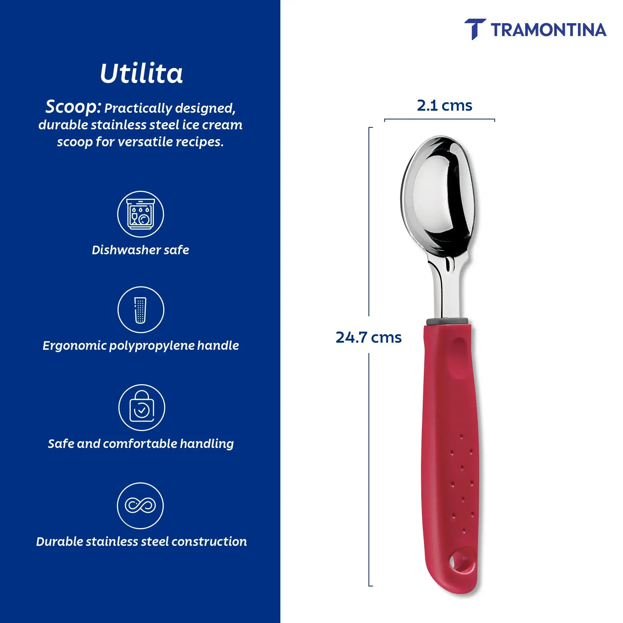 Utilitá ice cream scoop with stainless steel blade and red polypropylene handle Tramontina