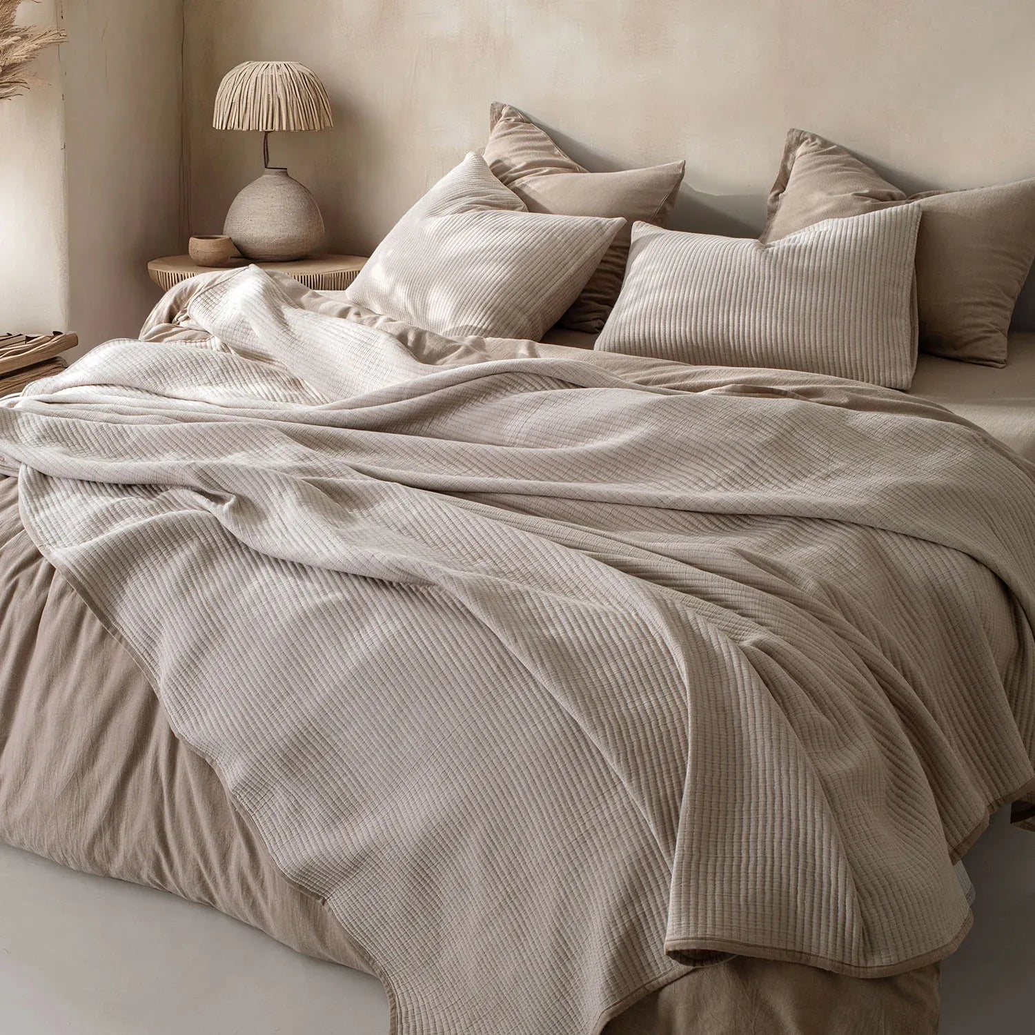 Linen Cotton Quilted Bed Spread Set – Lightweight All-Season Comfort - 3pcs Set | Color : Beige