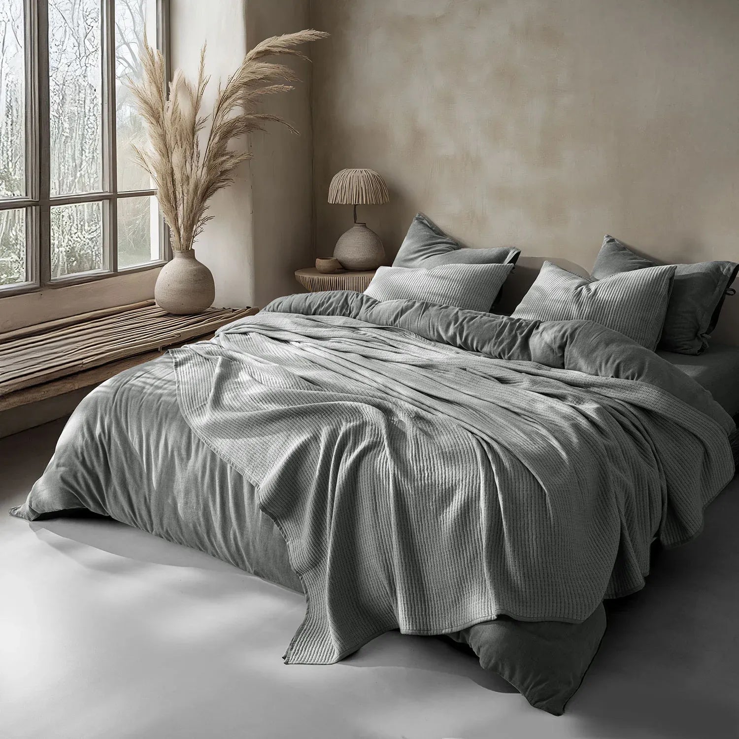 Linen Cotton Quilted Bed Spread Set – Lightweight All-Season Comfort - 3pcs Set | Color : Gray