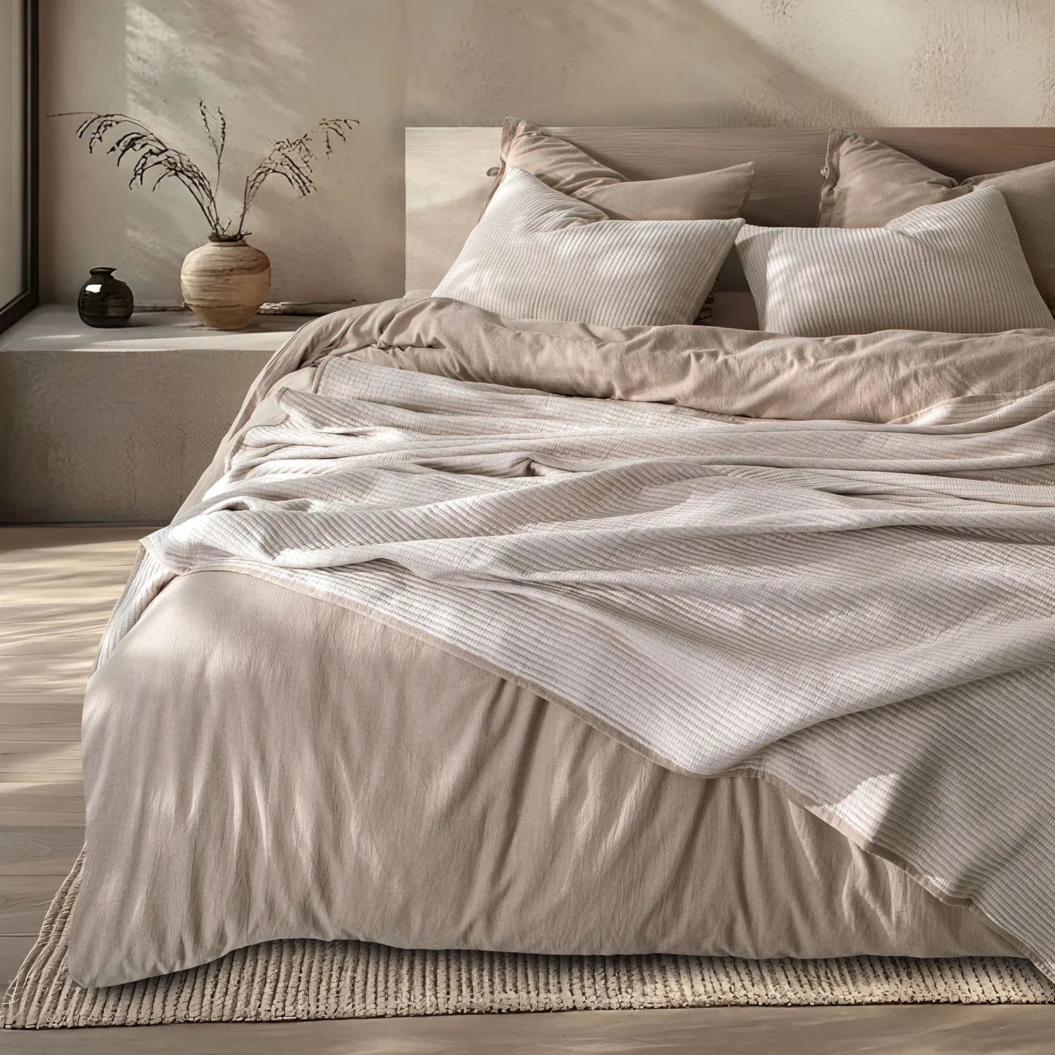 Linen Cotton Quilted Bed Spread Set – Lightweight All-Season Comfort - 3pcs Set | Color : Beige