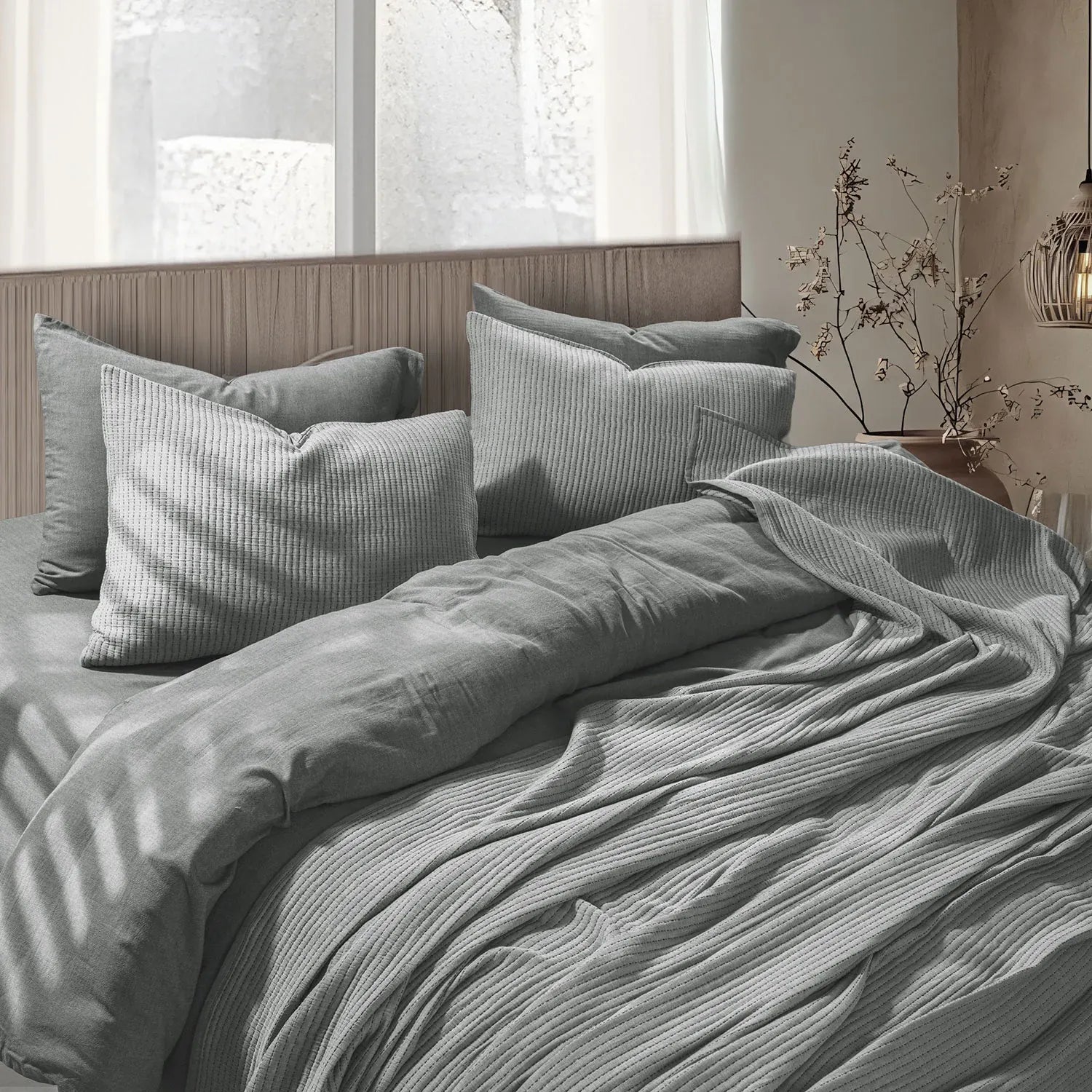 Linen Cotton Quilted Bed Spread Set – Lightweight All-Season Comfort - 3pcs Set | Color : Gray