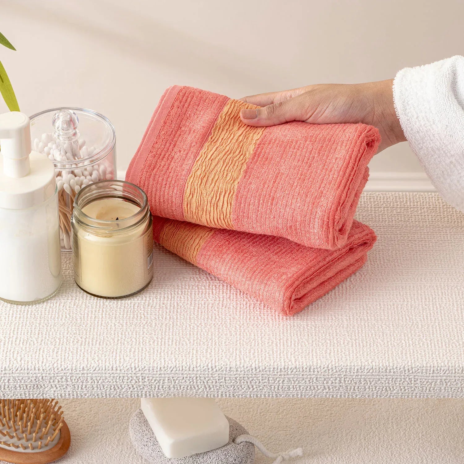 The Bamboo 2 Pcs Hand Towel – Ultra-Absorbent Elegance for Everyday Use| Color : Peach 01