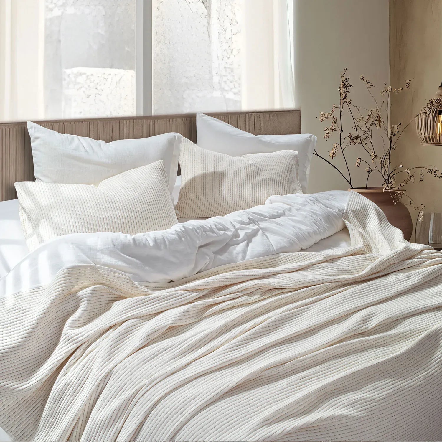 Linen Cotton Quilted Bed Spread Set – Lightweight All-Season Comfort - 7pcs Set | Color : Off White