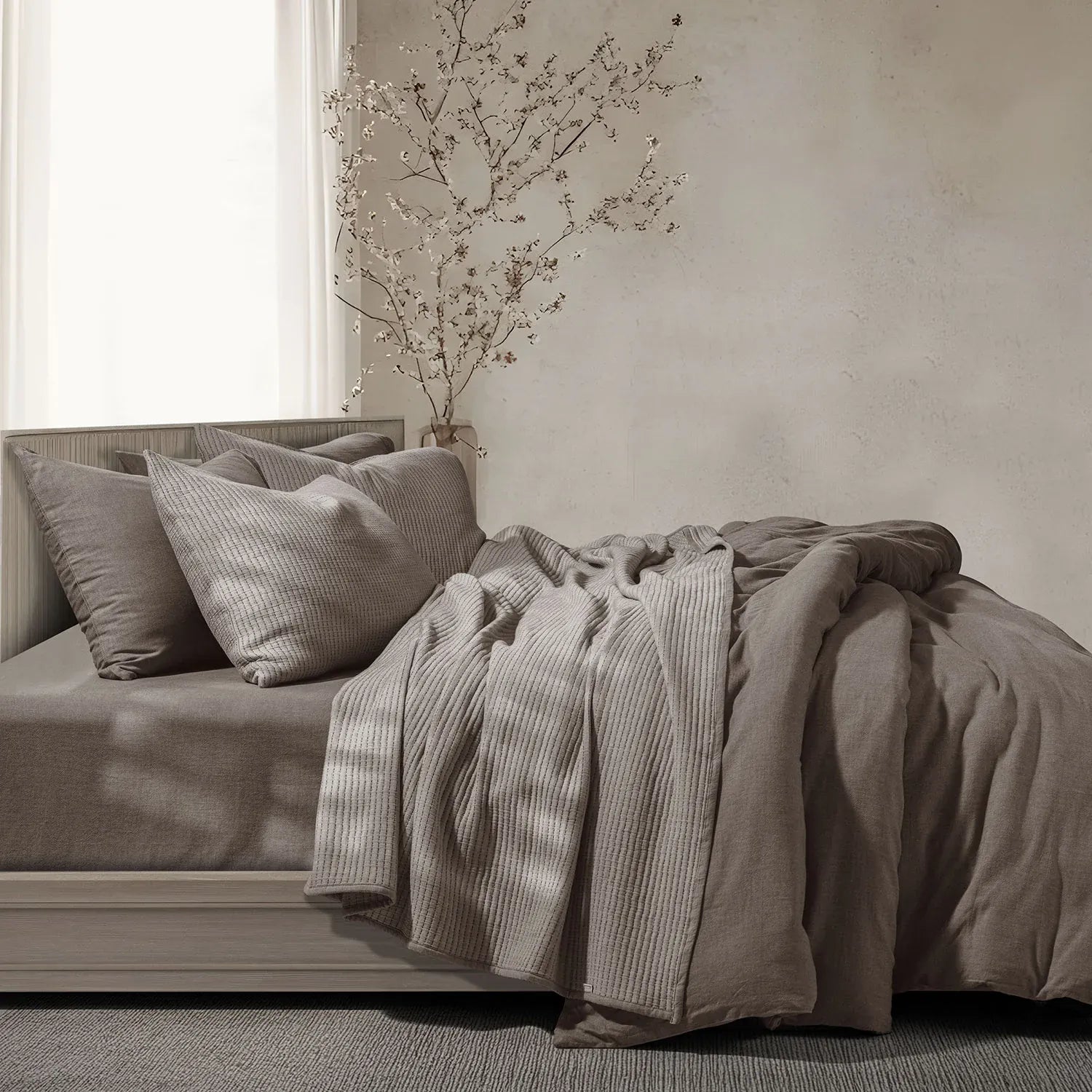 Linen Cotton Quilted Bed Spread Set – Lightweight All-Season Comfort - 7pcs Set | Color : Brown