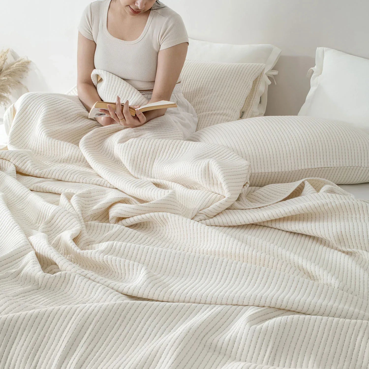 Linen Cotton Quilted Bed Spread Set – Lightweight All-Season Comfort - 7pcs Set | Color : Off White