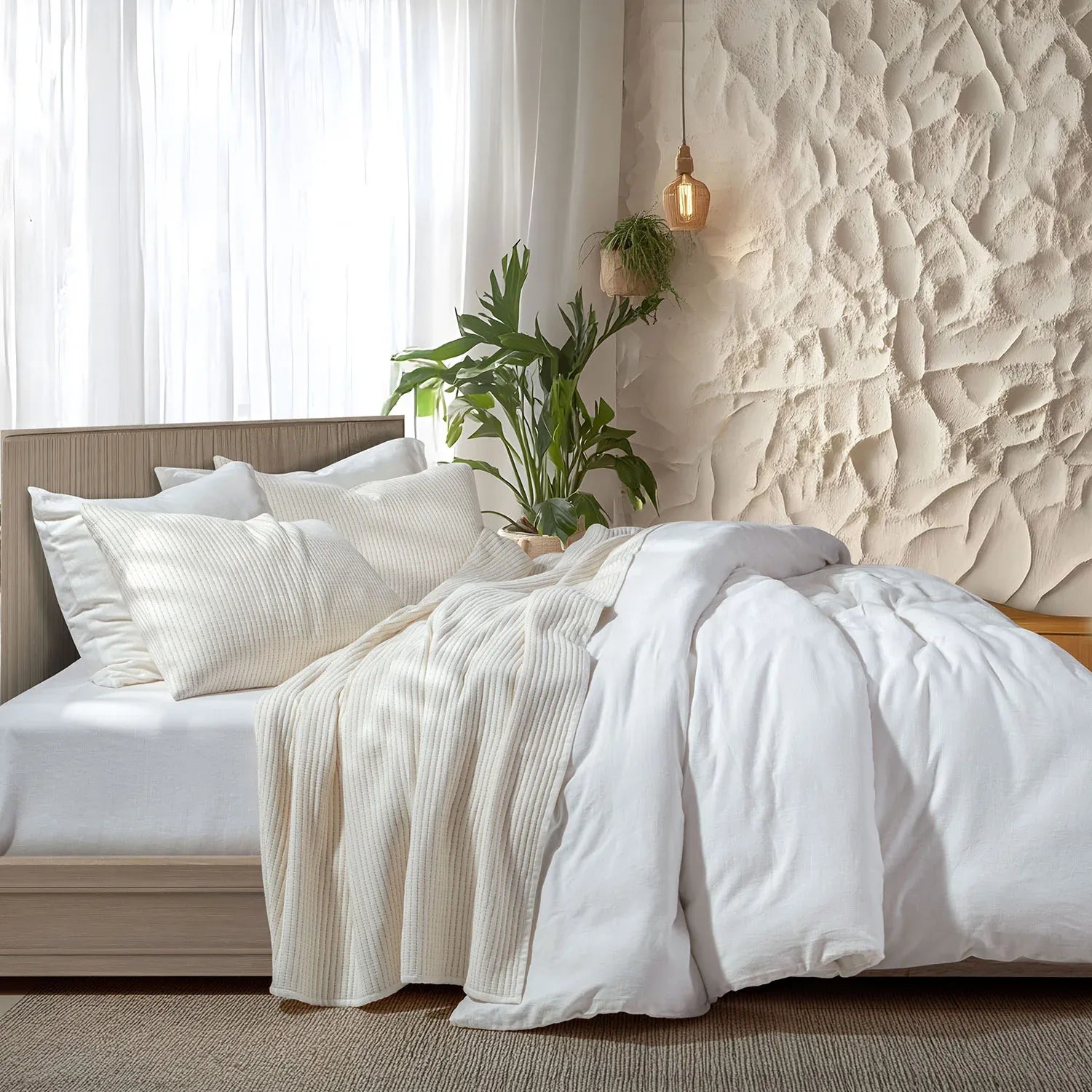 Linen Cotton Quilted Bed Spread Set – Lightweight All-Season Comfort - 7pcs Set | Color : Off White