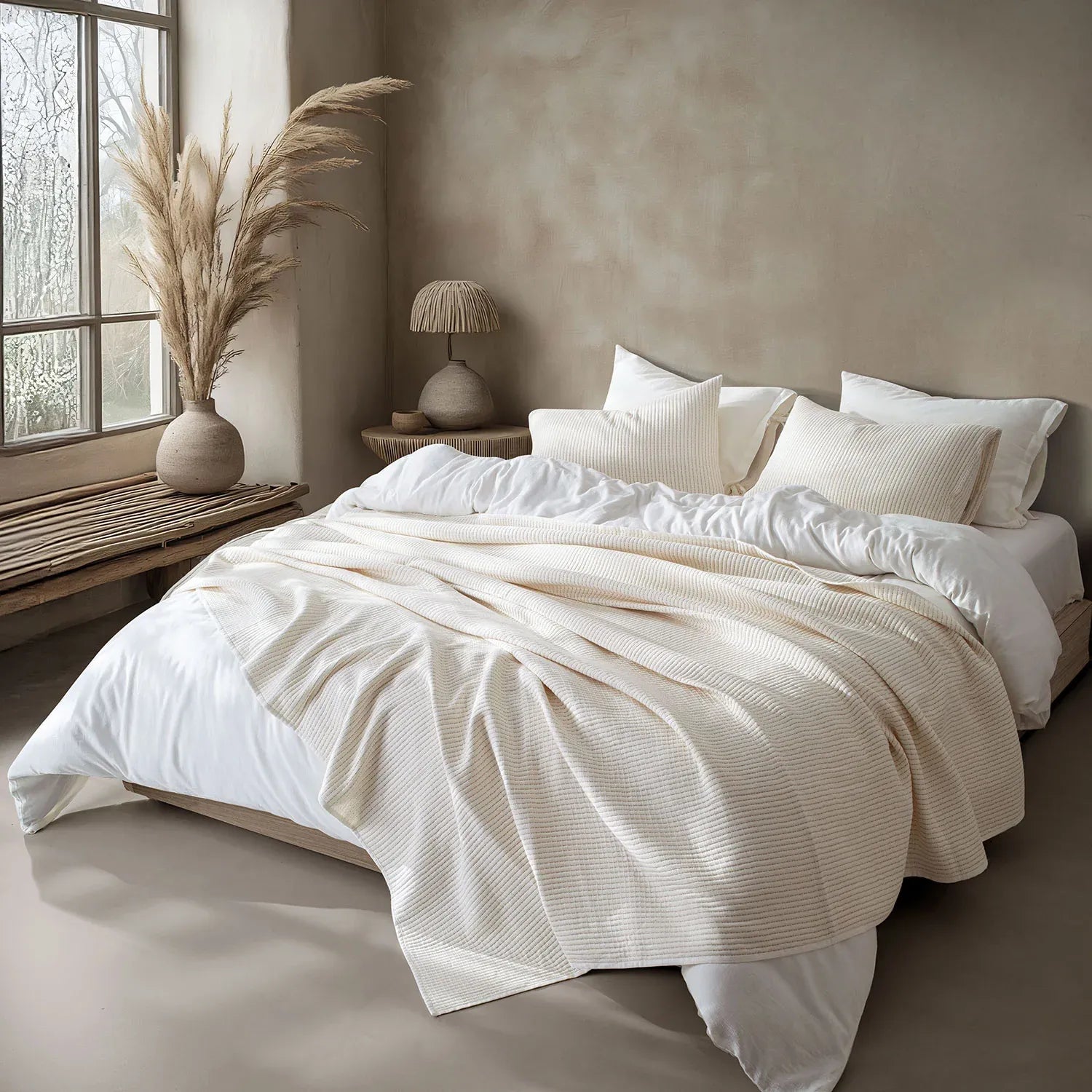 Linen Cotton Quilted Bed Spread Set – Lightweight All-Season Comfort - 7pcs Set | Color : Off White