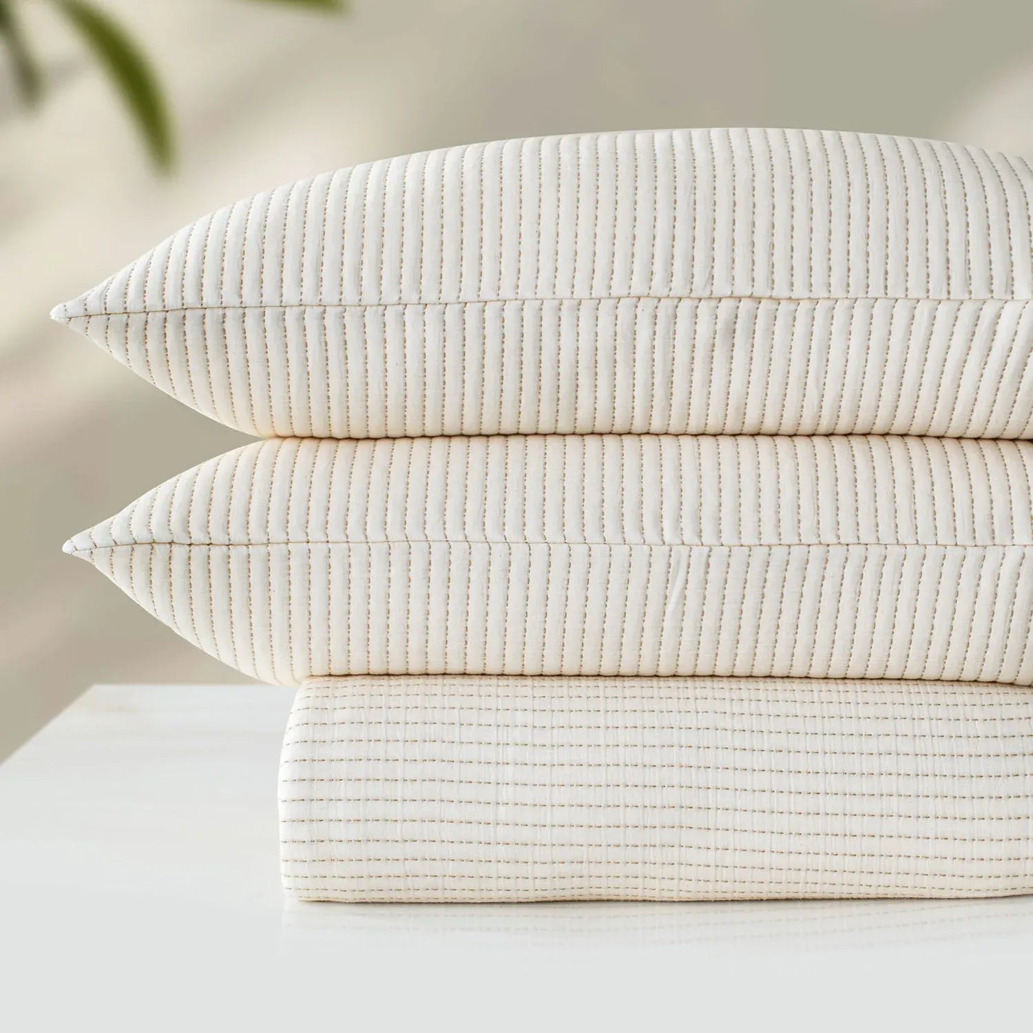 Linen Cotton Quilted Bed Spread Set – Lightweight All-Season Comfort - 3pcs Set | Color : Beige