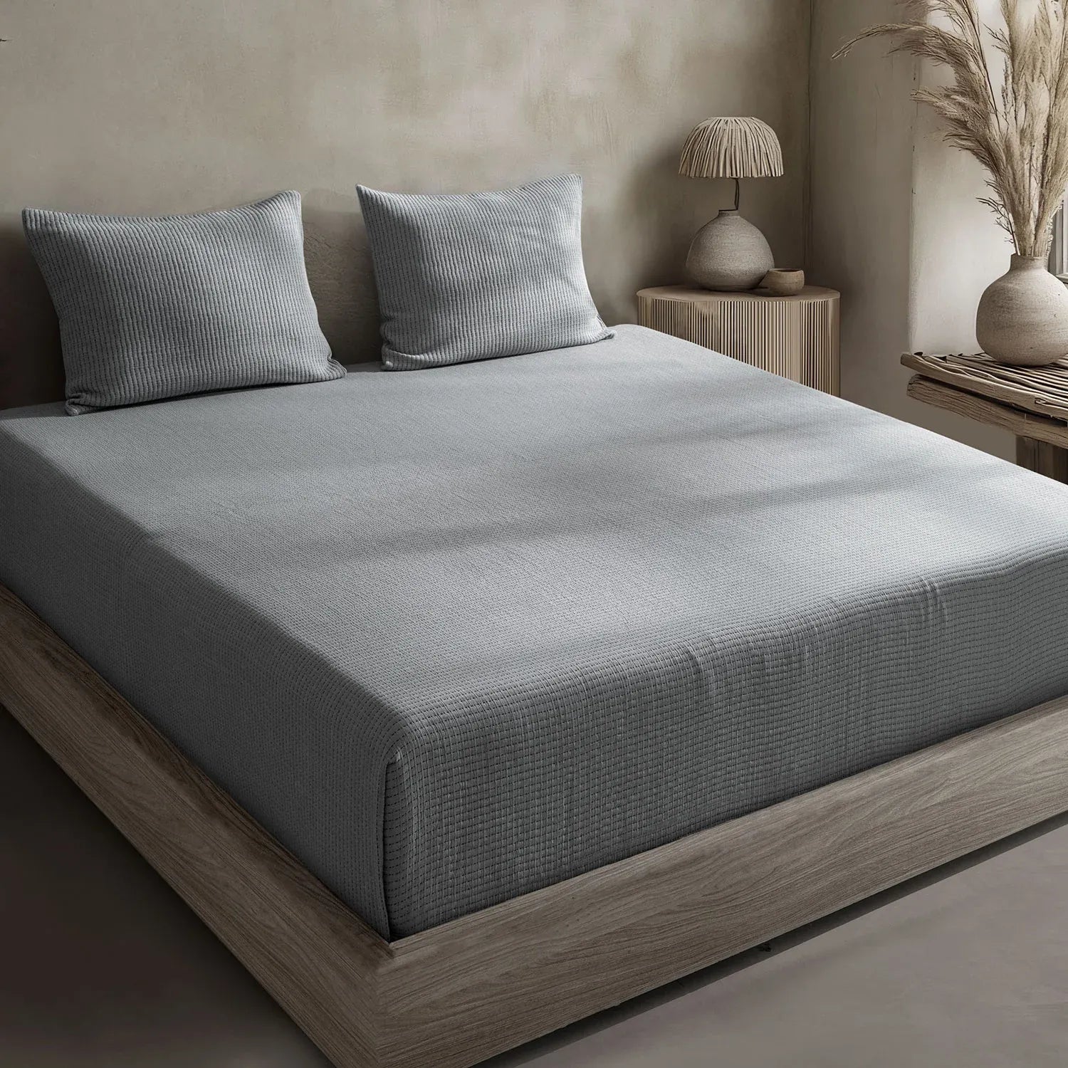 Linen Cotton Quilted Bed Spread Set – Lightweight All-Season Comfort - 3pcs Set | Color : Gray