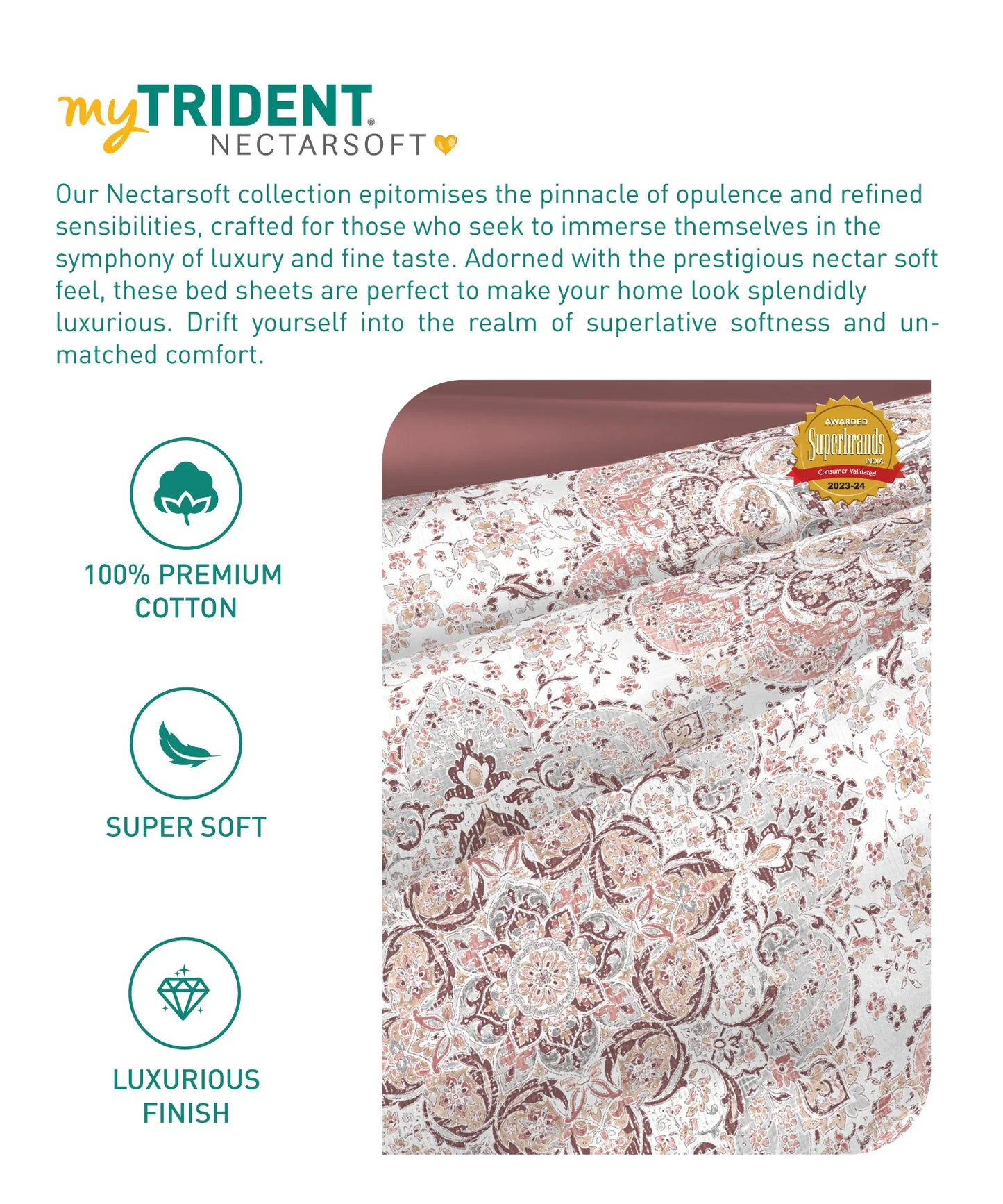 TRIDENT Nectarsoft Printed Bedsheet , 400TC , 100% Cotton - MATILDA WINE